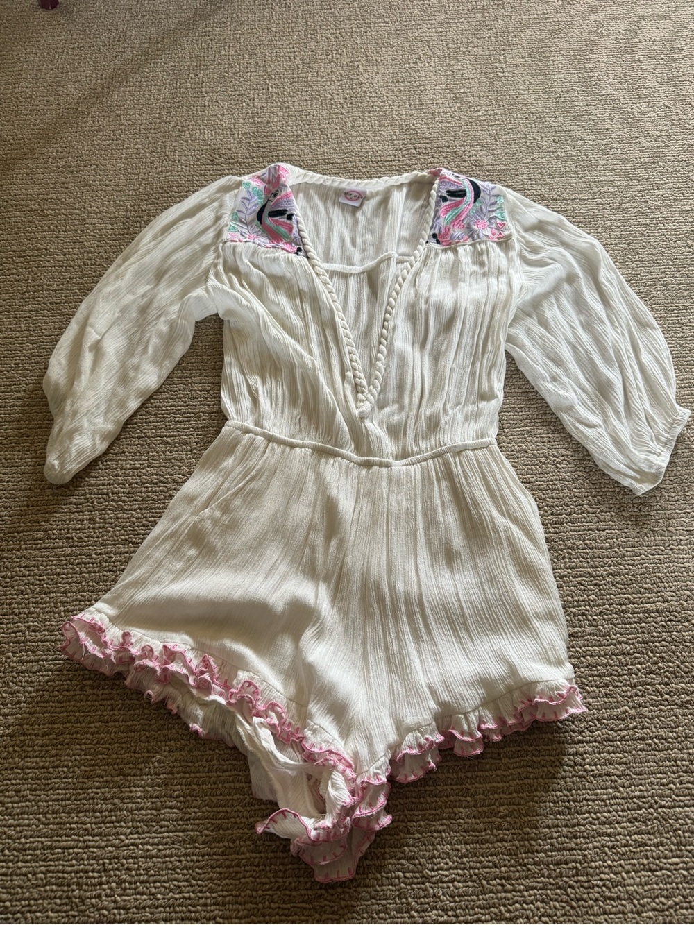 Selfie Leslie White Romper with Pink Embroidered Accents